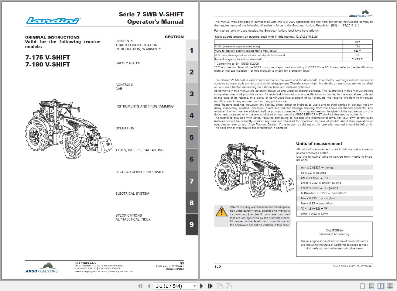 Landini Tractor 7 175 V SHIFT 7 180 V SHIFT Operators Maintenance Manual 6720609A1 EN 1