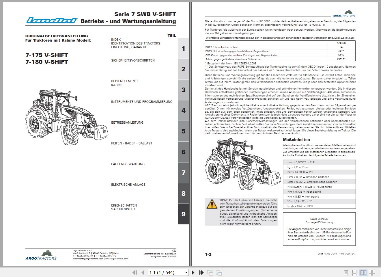 Landini Tractor 7 175 V SHIFT 7 180 V SHIFT Operators Maintenance Manual 6720612A1 DE 1