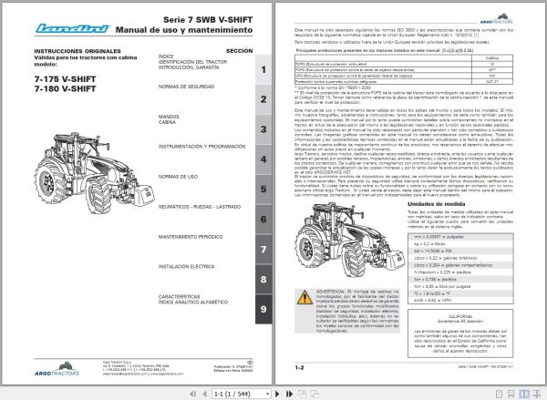 Landini Tractor 7 175 to 7 180 SWB V SHIFT Operators Maintenance Manual 6720611A1 ES 1