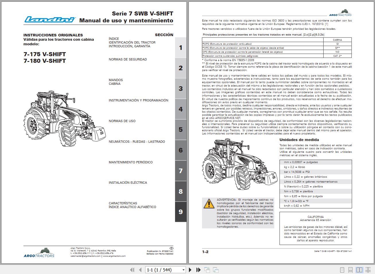 Landini Tractor 7 175 to 7 180 SWB V SHIFT Operators Maintenance Manual 6720611A1 ES 1