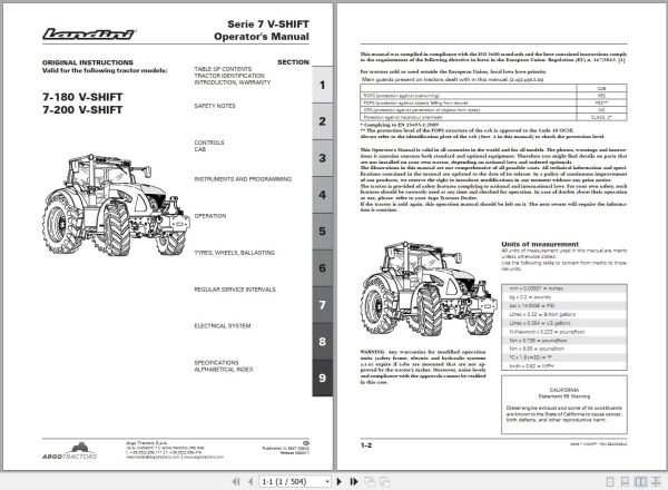 Landini Tractor 7 180 7 200 V SHIFT Operators Maintenance Manual 6622308A2 EN 1