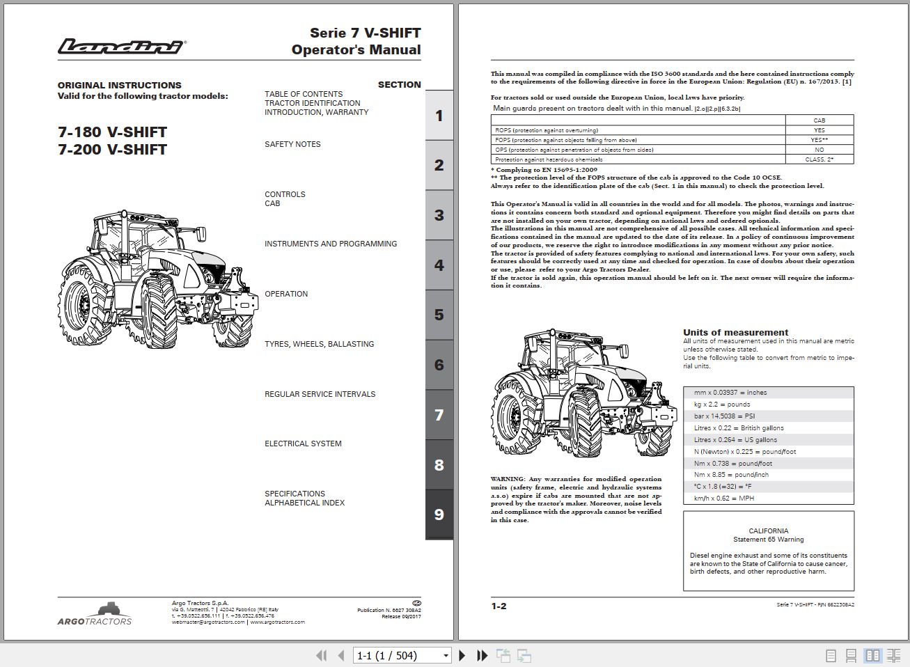 Landini Tractor 7 180 7 200 V SHIFT Operators Maintenance Manual 6622308A2 EN 1