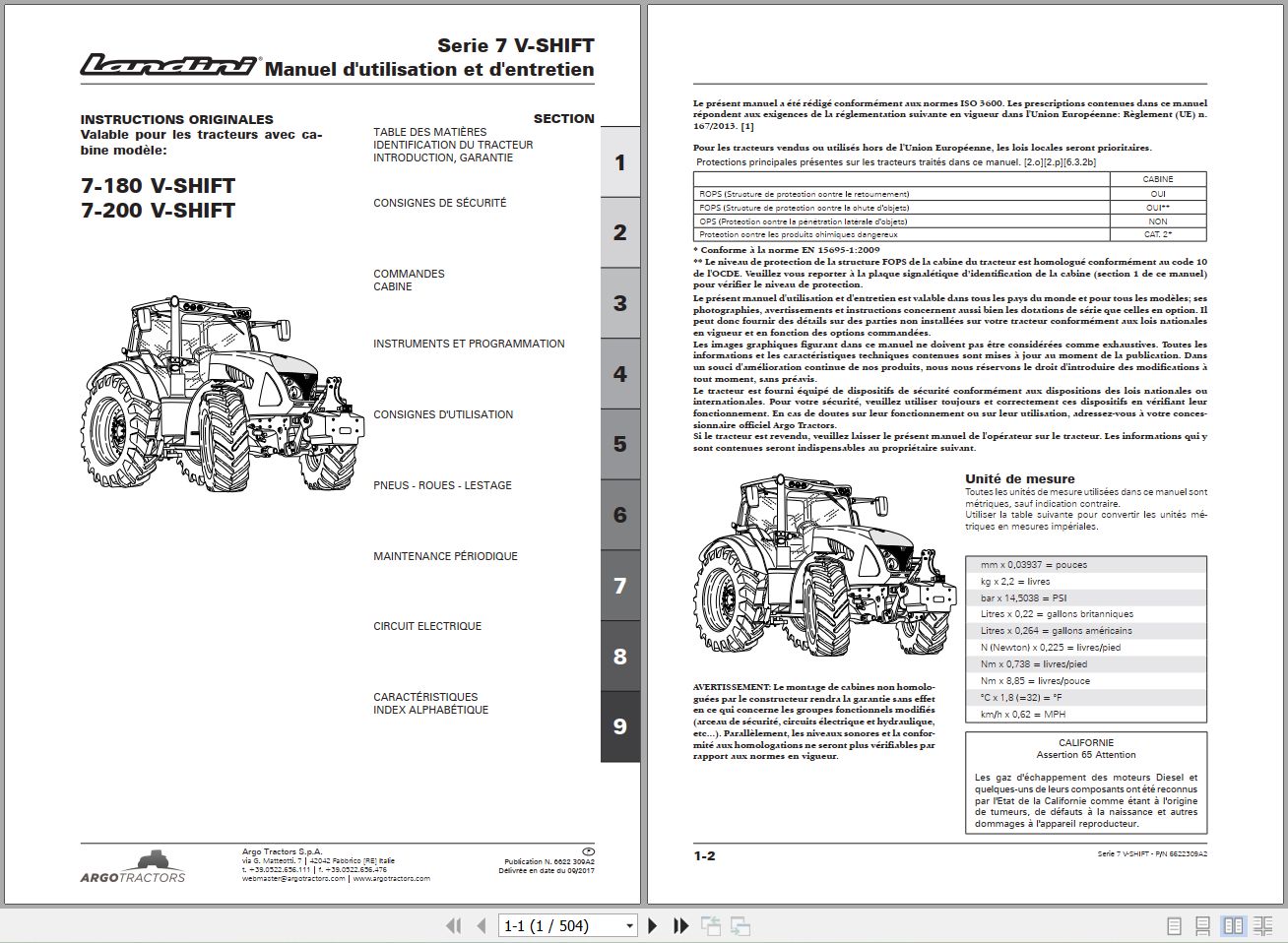 Landini Tractor 7 180 7 200 V SHIFT Operators Maintenance Manual 6622309A2 FR 1