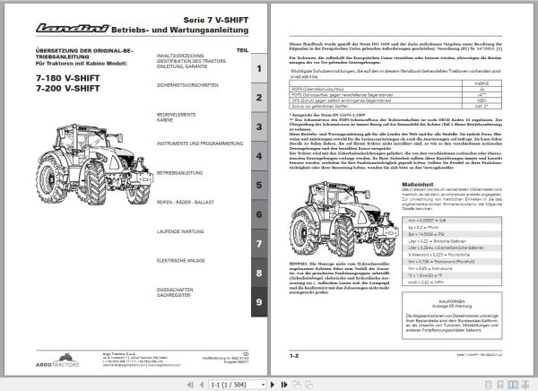 Landini Tractor 7 180 7 200 V SHIFT Operators Maintenance Manual 6622311A2 DE 1