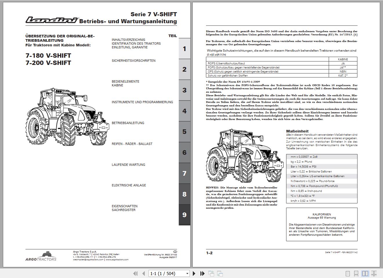 Landini Tractor 7 180 7 200 V SHIFT Operators Maintenance Manual 6622311A2 DE 1
