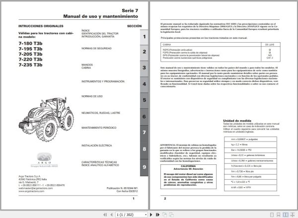 Landini Tractor 7 180 T3b to 7 235 T3b Operators Maintenance Manual 6510344M1 ES 1