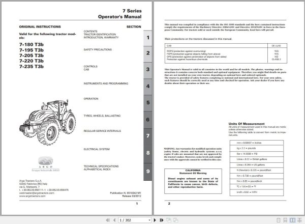 Landini Tractor 7 180 Tier3b to 7 235 Tier3b Operators Maintenance Manual 6510342M1 EN 1