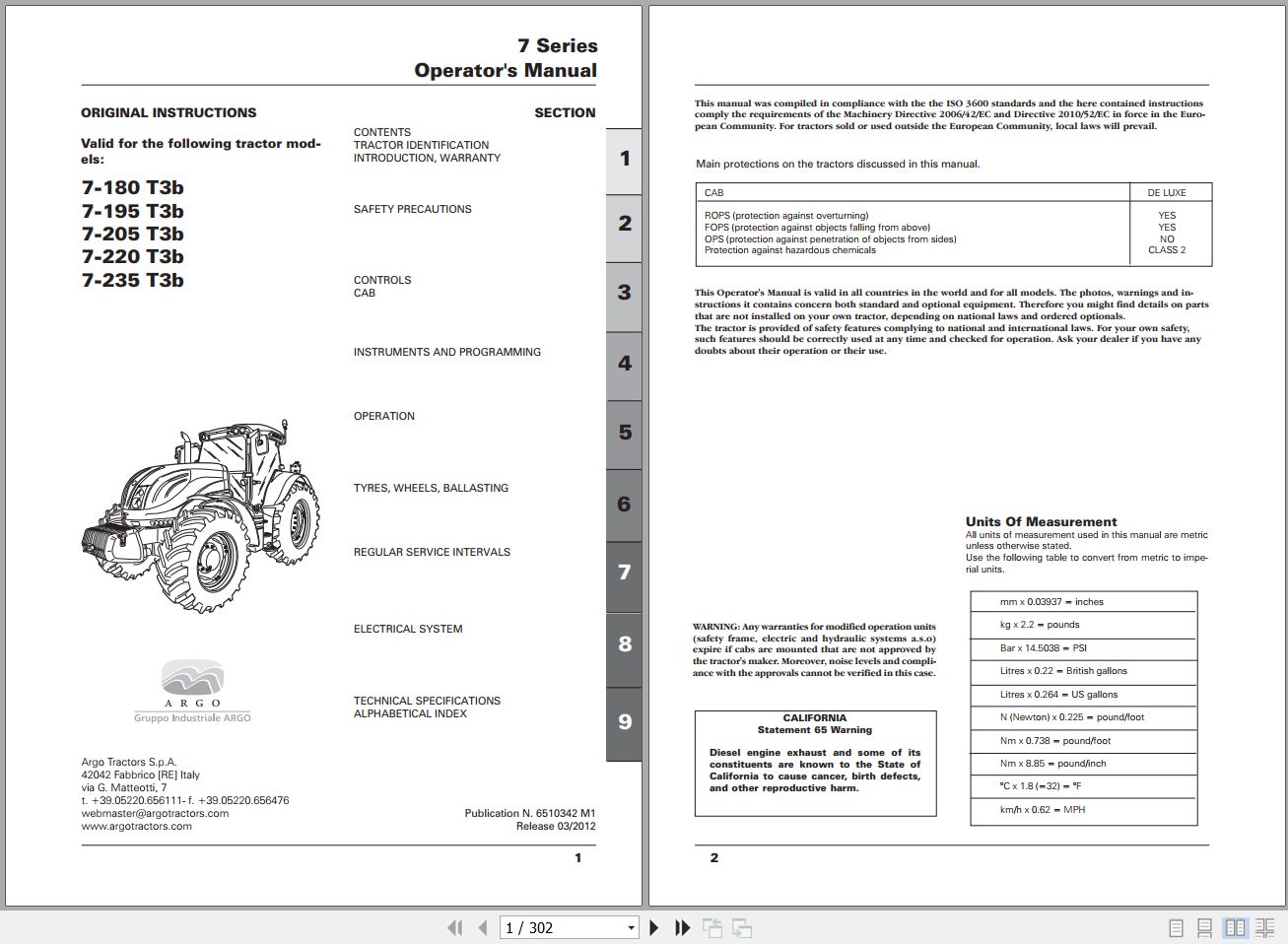 Landini Tractor 7 180 Tier3b to 7 235 Tier3b Operators Maintenance Manual 6510342M1 EN 1