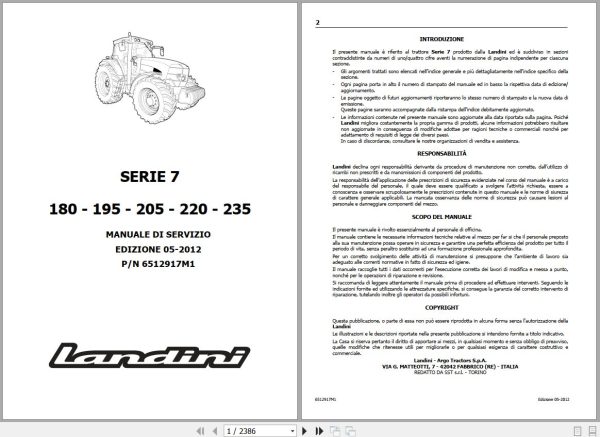 Landini Tractor 7 180 to 7 235 Service Manual 6512917M1 IT 1