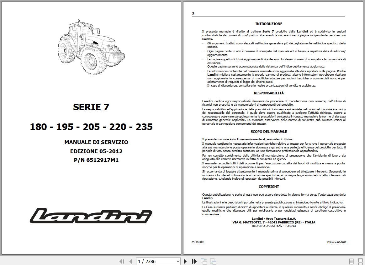 Landini Tractor 7 180 to 7 235 Service Manual 6512917M1 IT 1