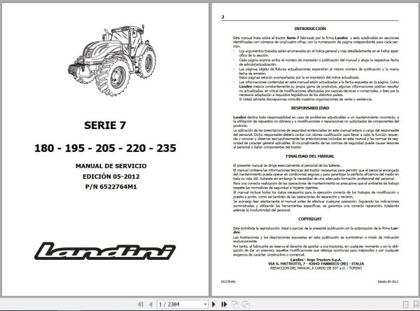 Landini Tractor 7 180 to 7 235 Service Manual 6522764M1 ES 1