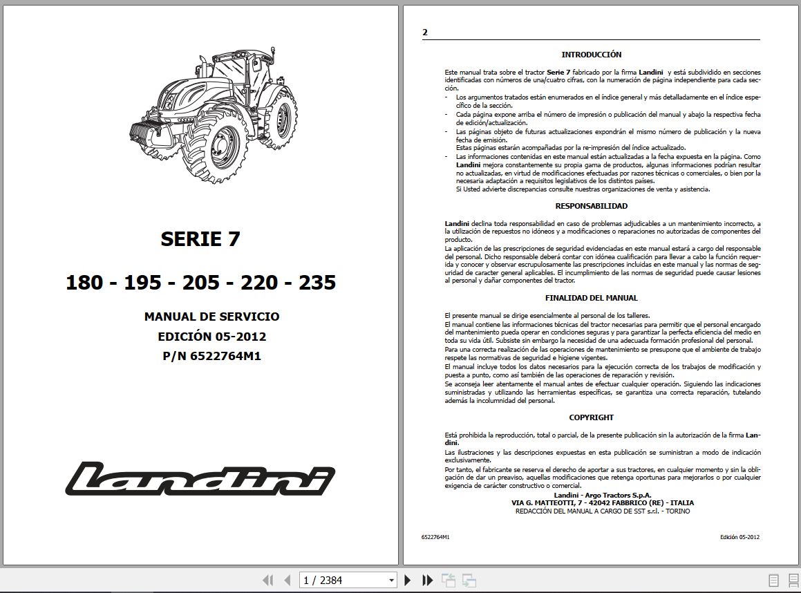Landini Tractor 7 180 to 7 235 Service Manual 6522764M1 ES 1