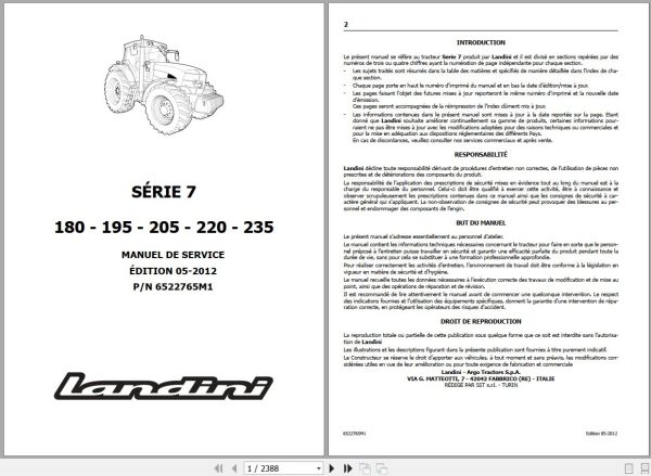 Landini Tractor 7 180 to 7 235 Service Manual 6522765M1 FR 1