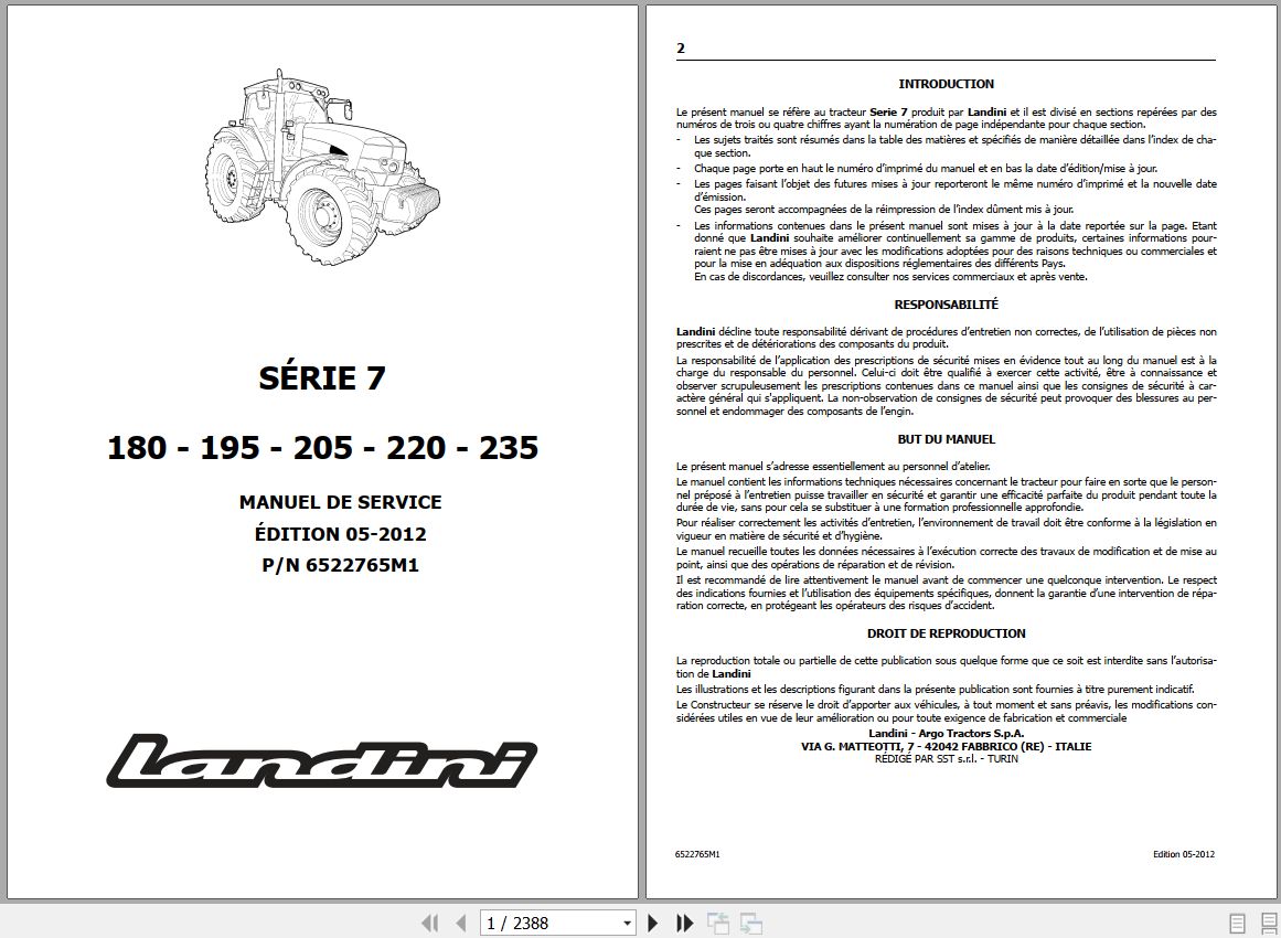 Landini Tractor 7 180 to 7 235 Service Manual 6522765M1 FR 1