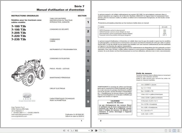 Landini Tractor 7 180 to 7 235 T3b Operators Maintenance Manual 6510343M1 FR 1
