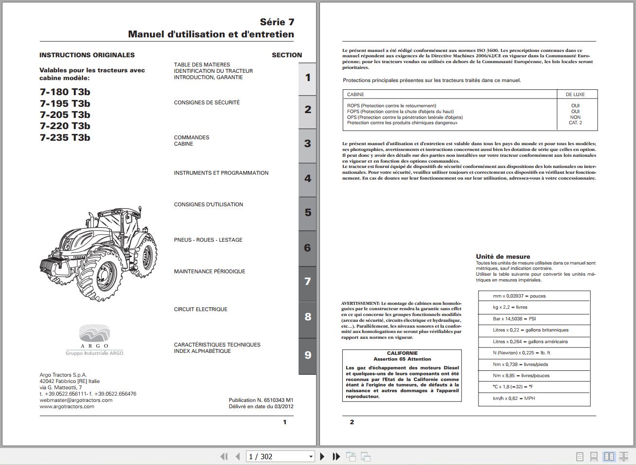 Landini Tractor 7 180 to 7 235 T3b Operators Maintenance Manual 6510343M1 FR 1