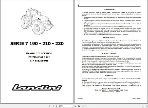 Landini Tractor 7 190 7 210 7 230 Service Manual 6513550M1 IT 1