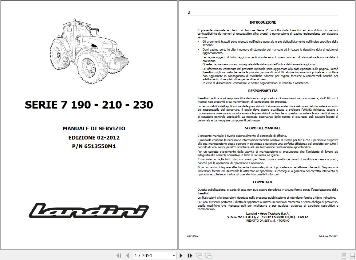 Landini Tractor 7 190 7 210 7 230 Service Manual 6513550M1 IT 1