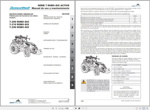 Landini Tractor 7 200 7 210 7 230 ROBO SIX ACTIVE Operators Maintenance Manual 6674067A1 ES 1