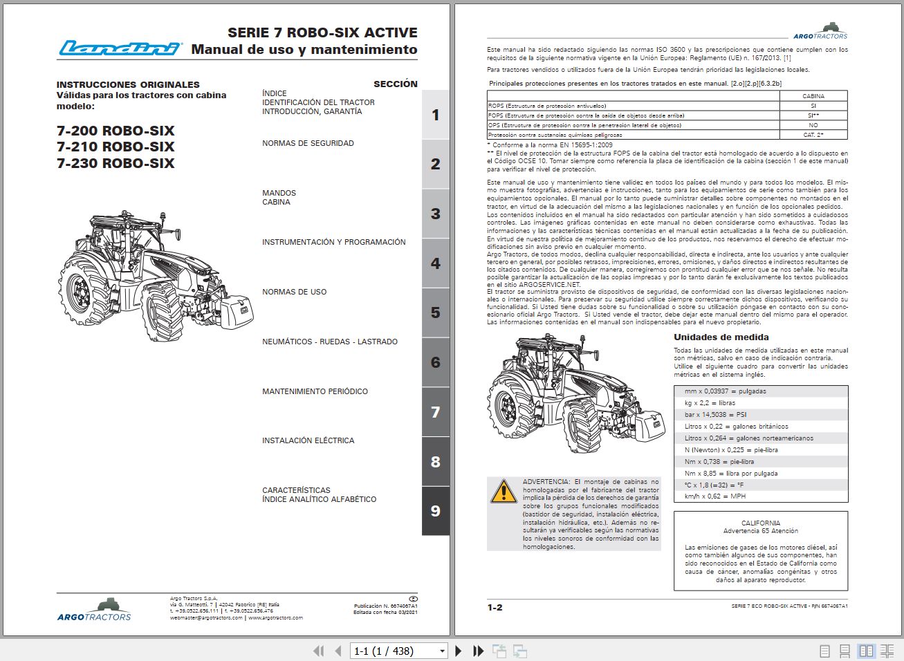 Landini Tractor 7 200 7 210 7 230 ROBO SIX ACTIVE Operators Maintenance Manual 6674067A1 ES 1