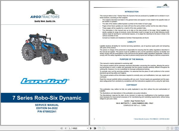 Landini Tractor 7 200 7 210 7 230 ROBO SIX Dynamic Service Manual 6708022A1 EN 1