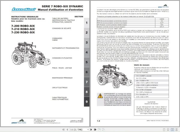 Landini Tractor 7 200 7 210 7 230 ROBO SIX Operators Maintenance Manual 6674056A2 FR 1