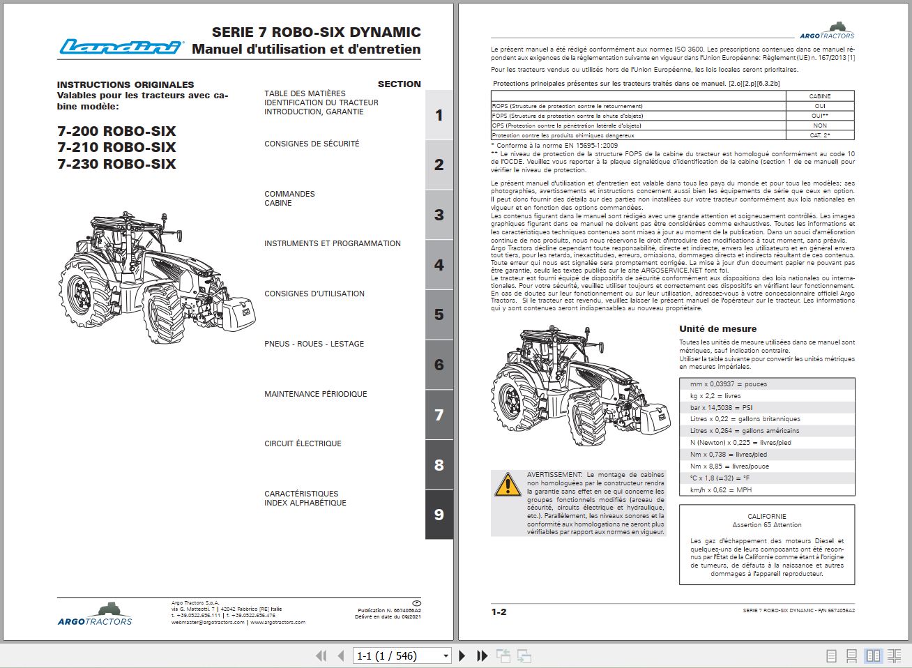 Landini Tractor 7 200 7 210 7 230 ROBO SIX Operators Maintenance Manual 6674056A2 FR 1