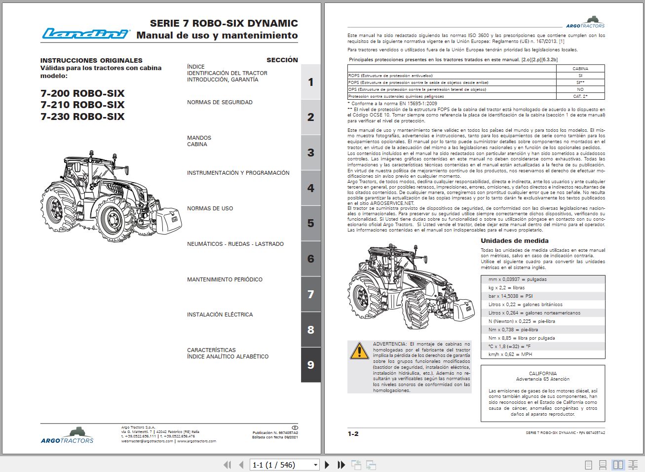 Landini Tractor 7 200 7 210 7 230 ROBO SIX Operators Maintenance Manual 6674057A2 ES 1