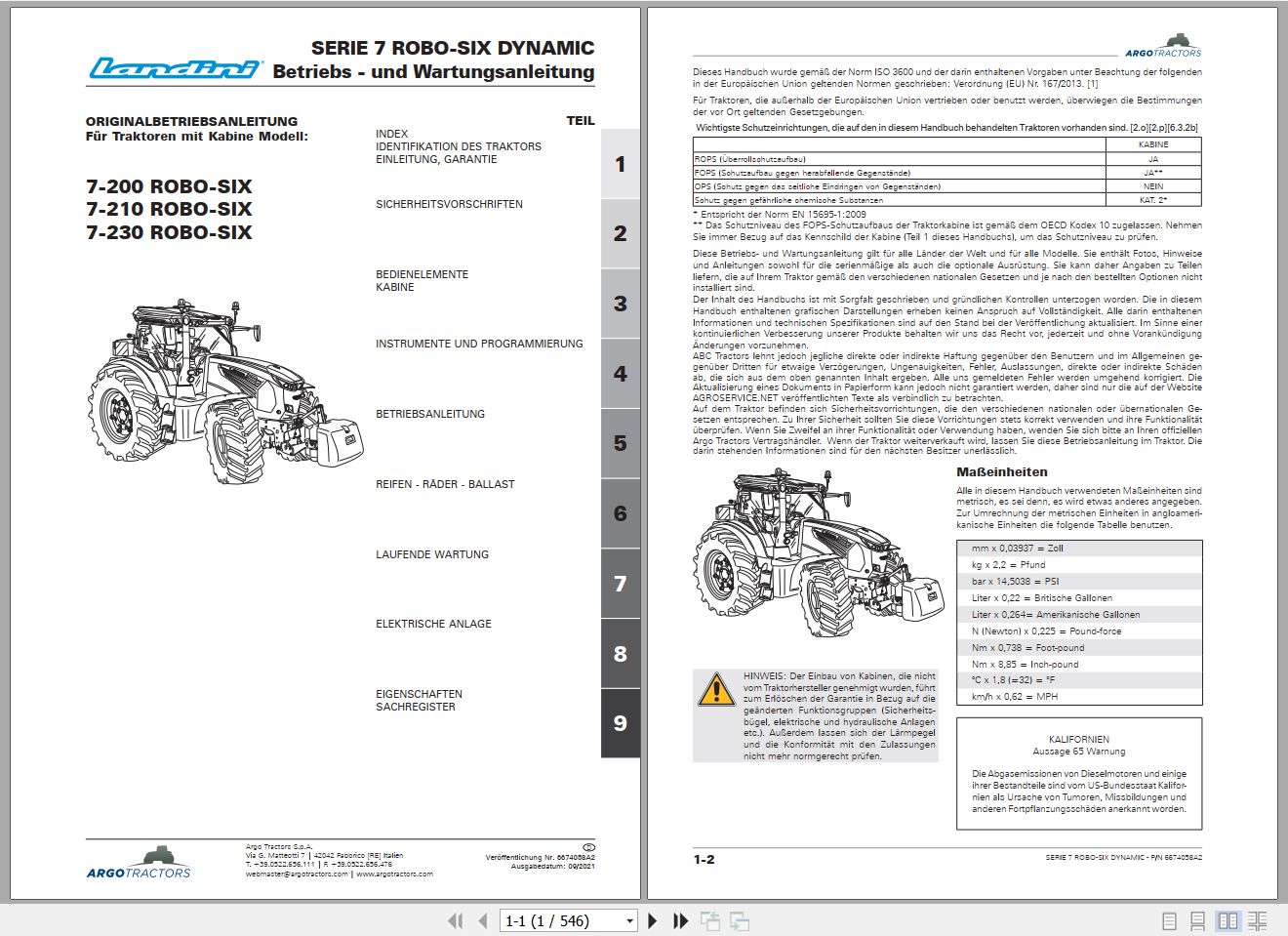 Landini Tractor 7 200 7 210 7 230 ROBO SIX Operators Maintenance Manual 6674058A2 DE 1