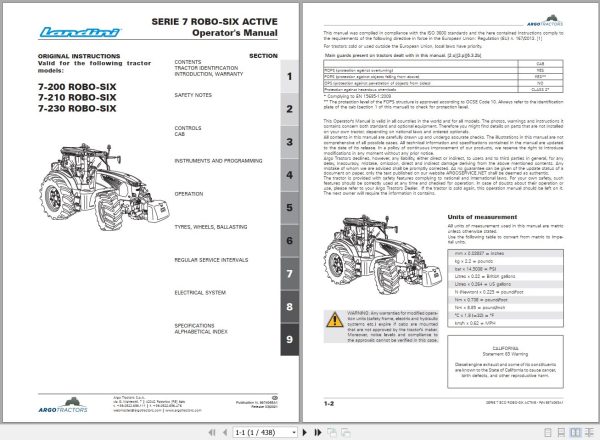 Landini Tractor 7 200 7 210 7 230 ROBO SIX Operators Maintenance Manual 6674065A1 EN 1