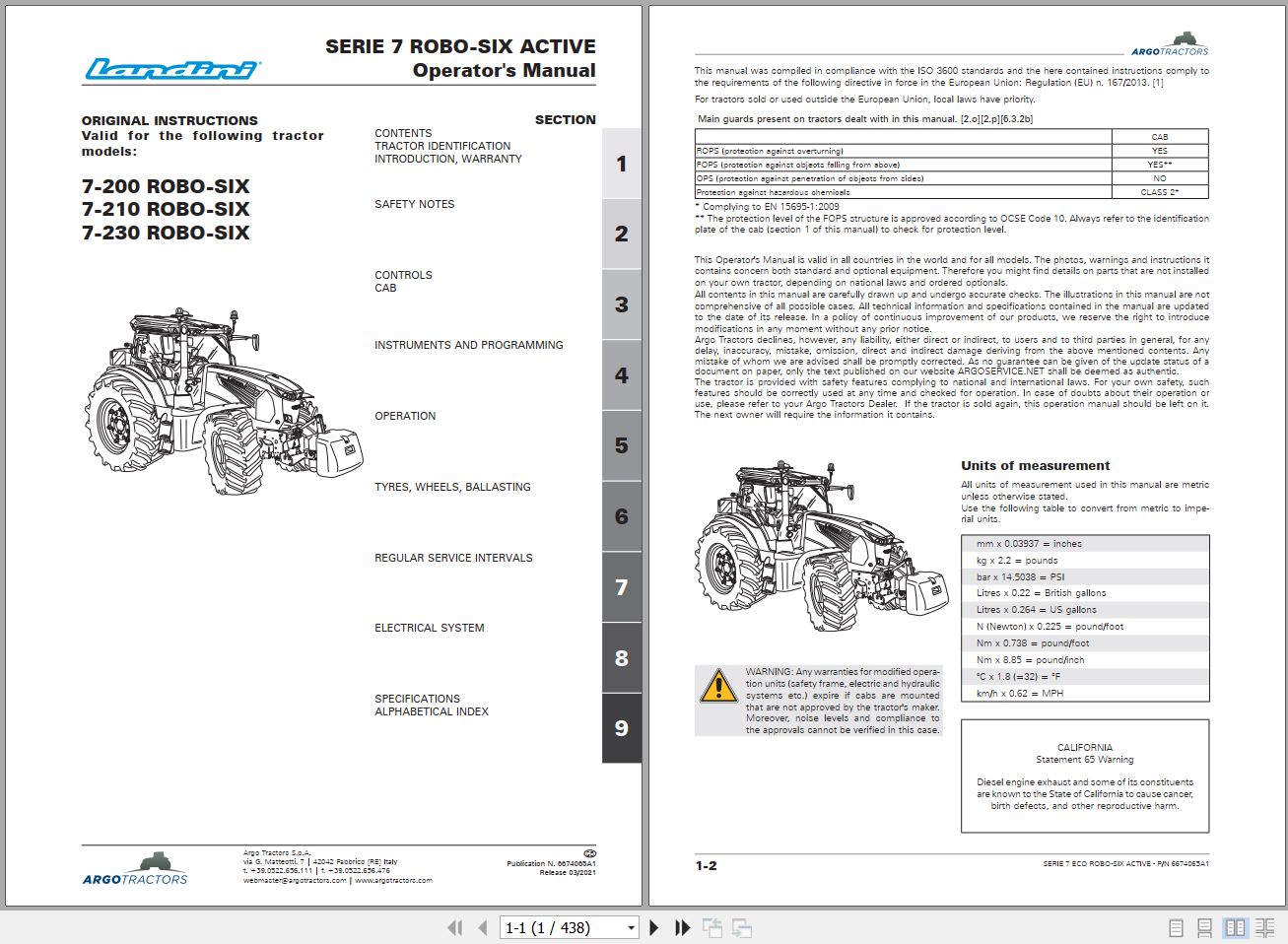 Landini Tractor 7 200 7 210 7 230 ROBO SIX Operators Maintenance Manual 6674065A1 EN 1