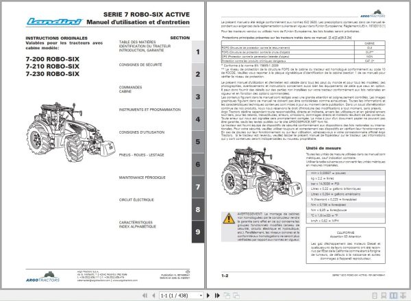Landini Tractor 7 200 7 210 7 230 ROBO SIX Operators Maintenance Manual 6674066A1 FR 1