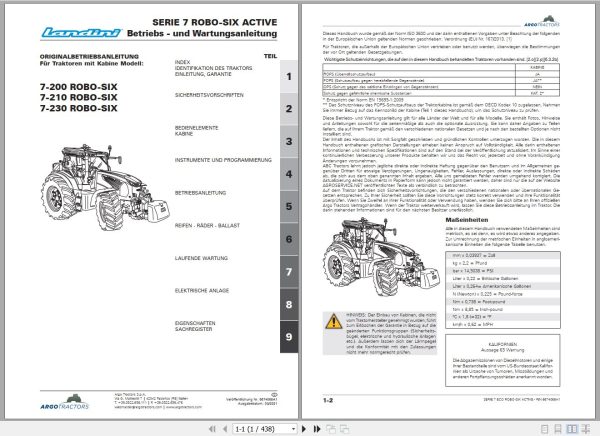 Landini Tractor 7 200 7 210 7 230 ROBO SIX Operators Maintenance Manual 6674068A1 DE 1