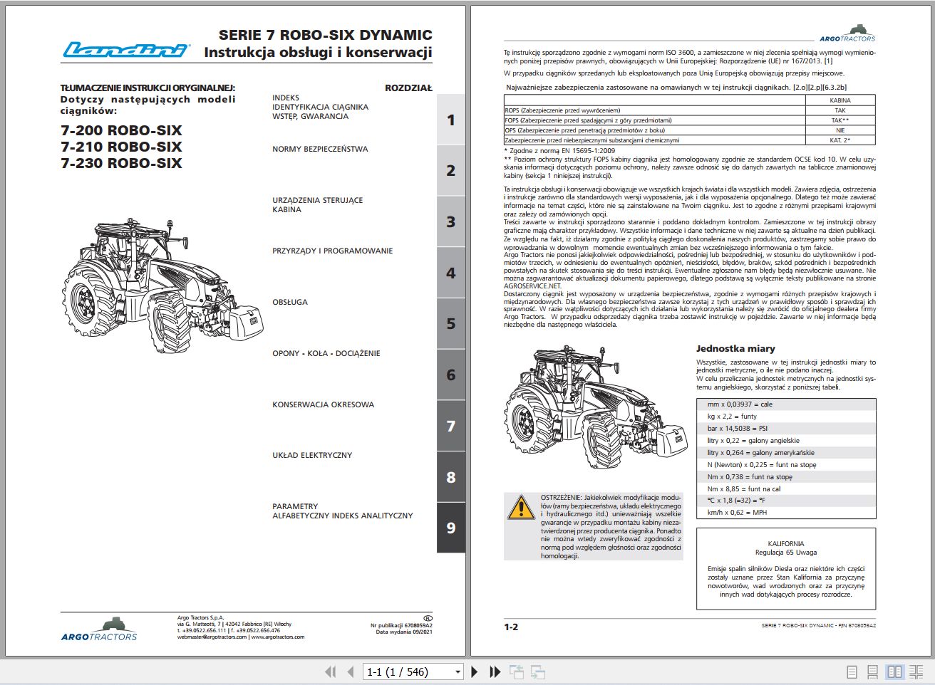 Landini Tractor 7 200 7 210 7 230 ROBO SIX Operators Maintenance Manual 6708059A2 PL 1