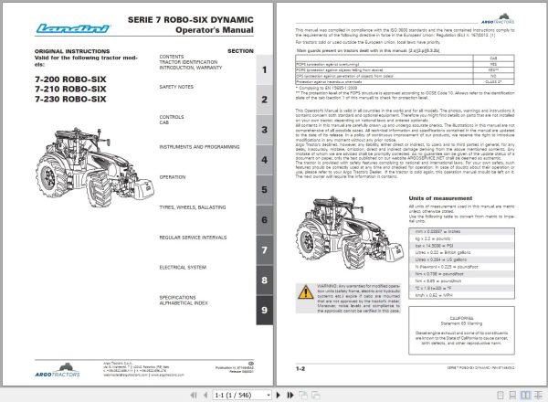 Landini Tractor 7 200 7 210 7 230 ROBO SIX Operators Maintenance Manual 6714945A2 EN 1