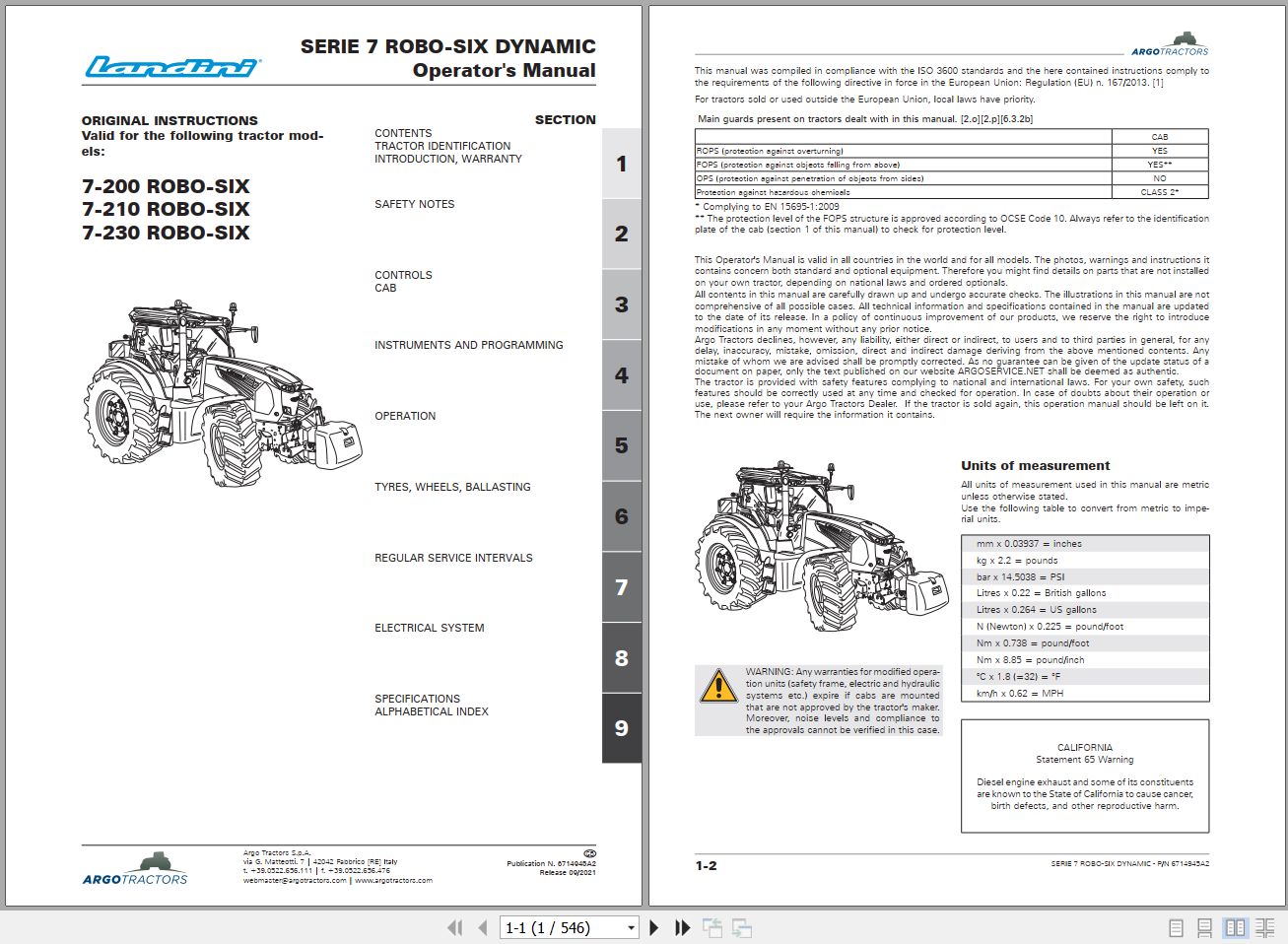 Landini Tractor 7 200 7 210 7 230 ROBO SIX Operators Maintenance Manual 6714945A2 EN 1