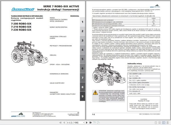 Landini Tractor 7 200 7 210 7 230 ROBO SIX Operators Maintenance Manual 6722387A1 PL 1