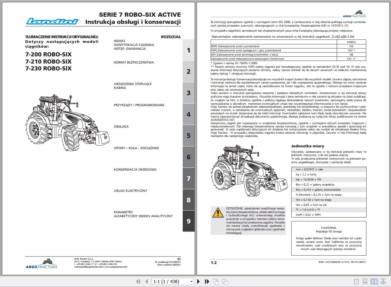 Landini Tractor 7 200 7 210 7 230 ROBO SIX Operators Maintenance Manual 6722387A1 PL 1