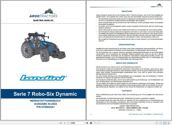 Landini Tractor 7 200 7 210 7 230 ROBO SIX Service Manual 6708025A1 DE 1