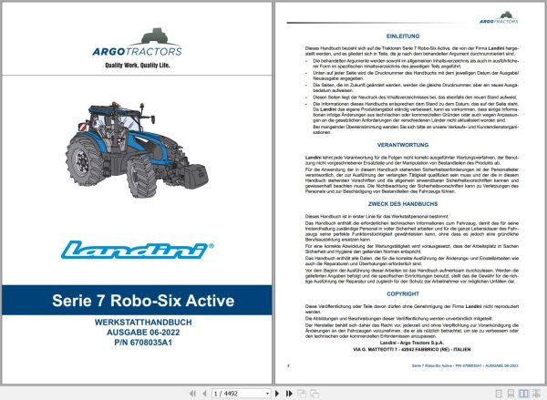Landini Tractor 7 200 7 210 7 230 ROBOSIX Service Manual 6708035A1 DE 1