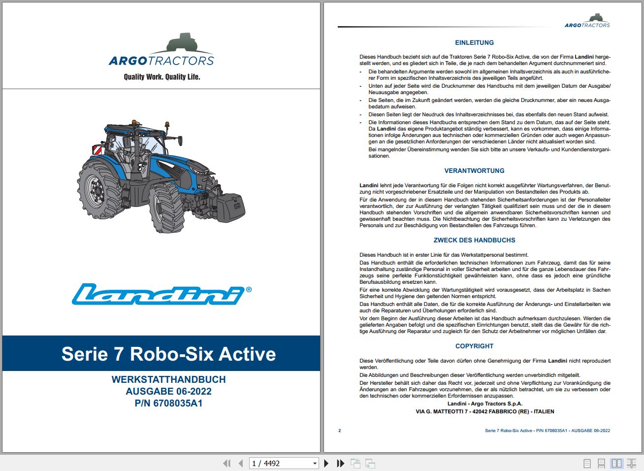 Landini Tractor 7 200 7 210 7 230 ROBOSIX Service Manual 6708035A1 DE 1