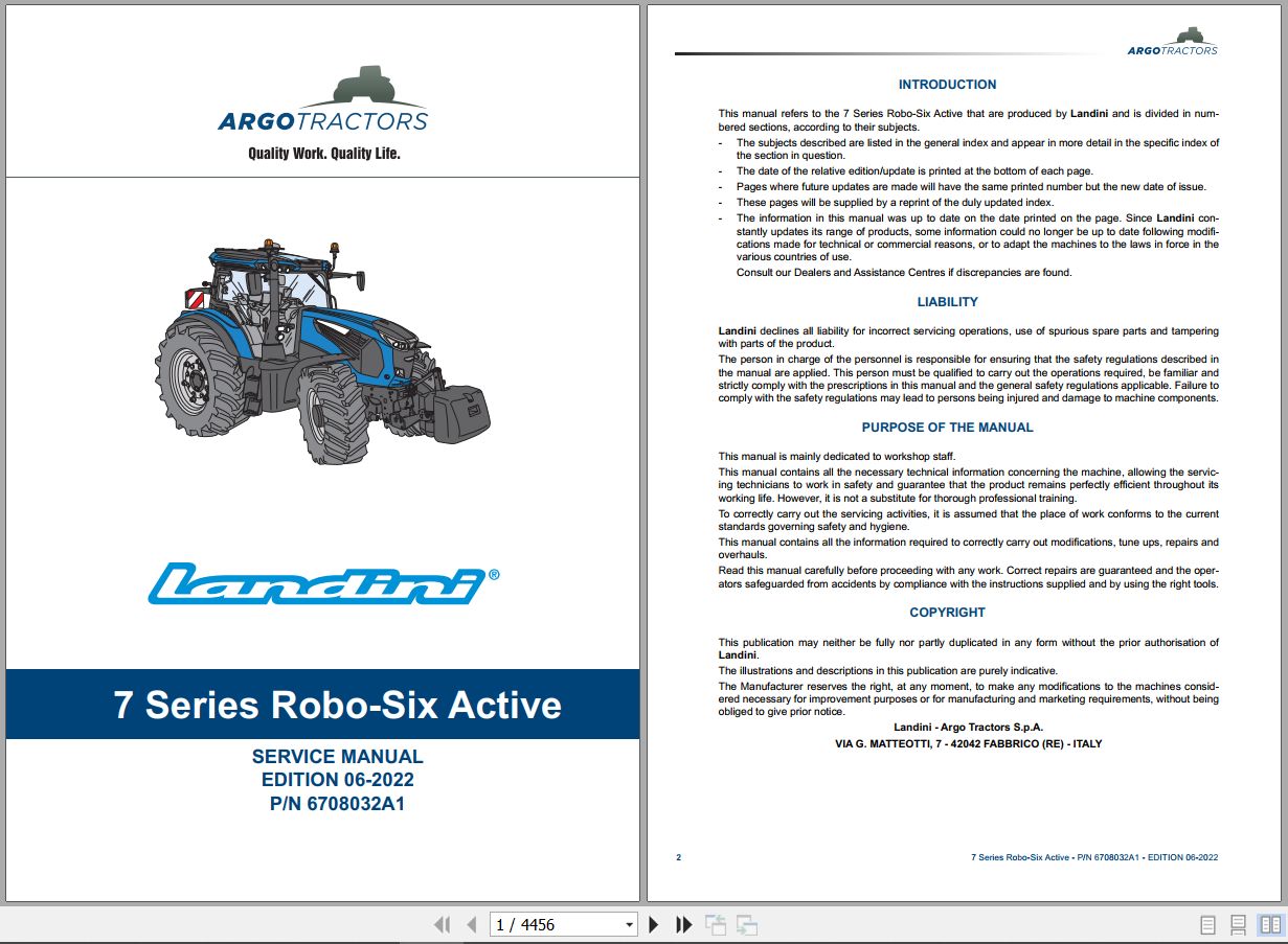 Landini Tractor 7 200 7 210 7 230 Robo Six Active Service Manual 6708032A1 EN 1