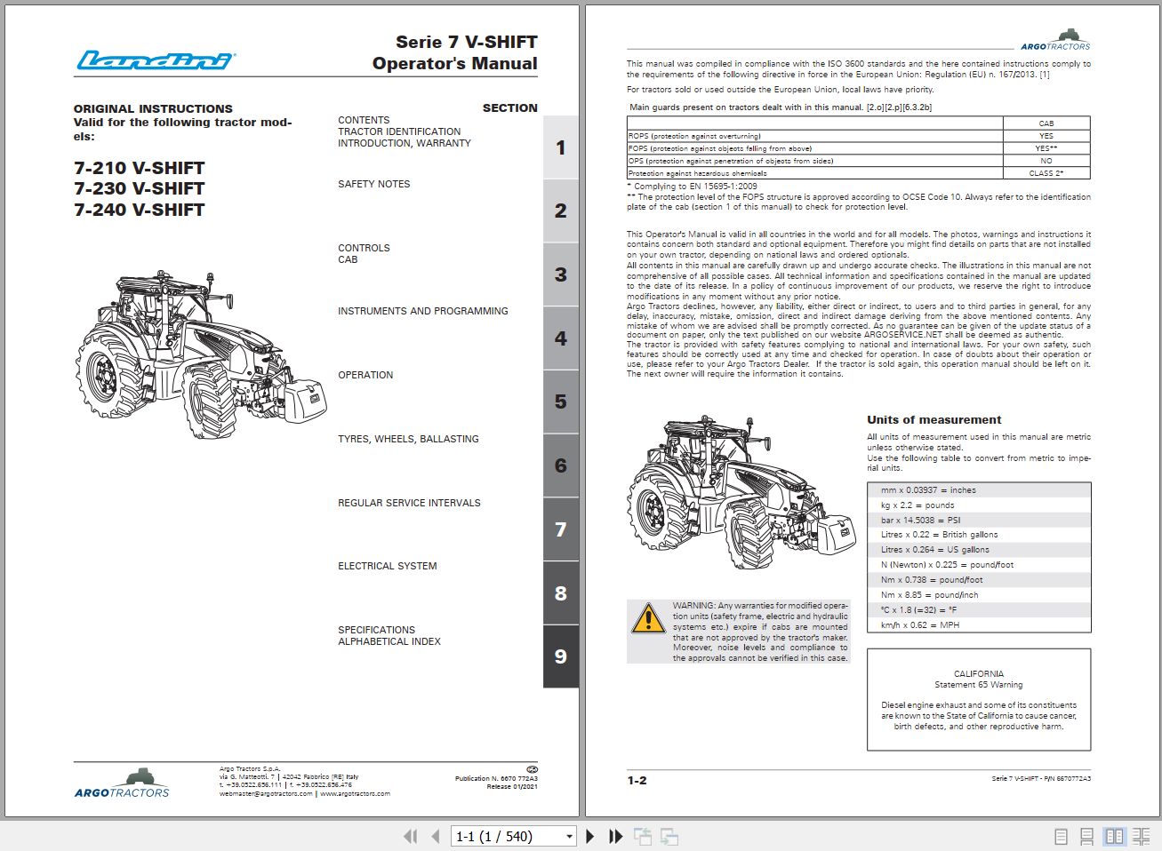 Landini Tractor 7 210 7 230 7 240 V SHIFT Operators Maintenance Manual 6670772A3 EN 1