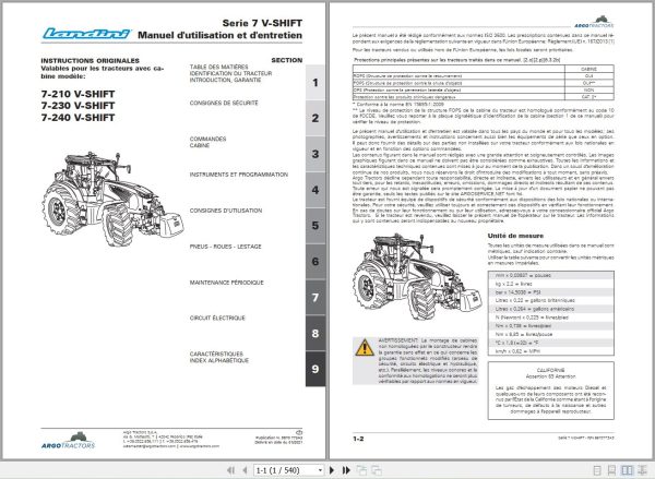 Landini Tractor 7 210 7 230 7 240 V SHIFT Operators Maintenance Manual 6670773A3 FR 1