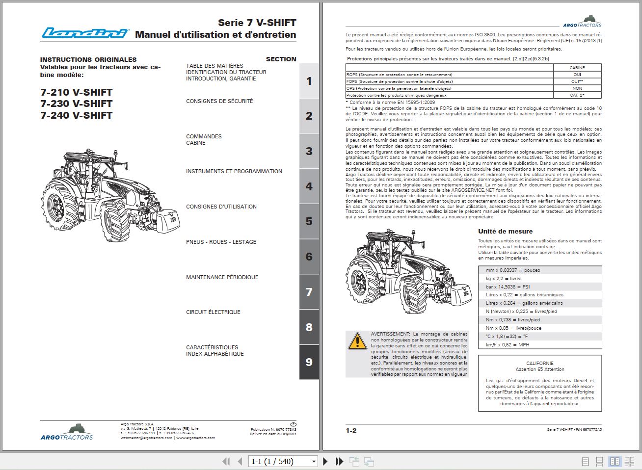 Landini Tractor 7 210 7 230 7 240 V SHIFT Operators Maintenance Manual 6670773A3 FR 1