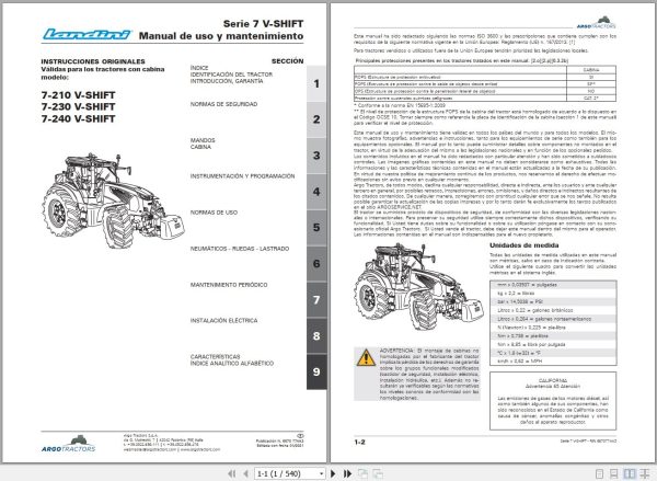 Landini Tractor 7 210 7 230 7 240 V SHIFT Operators Maintenance Manual 6670774A3 ES 1