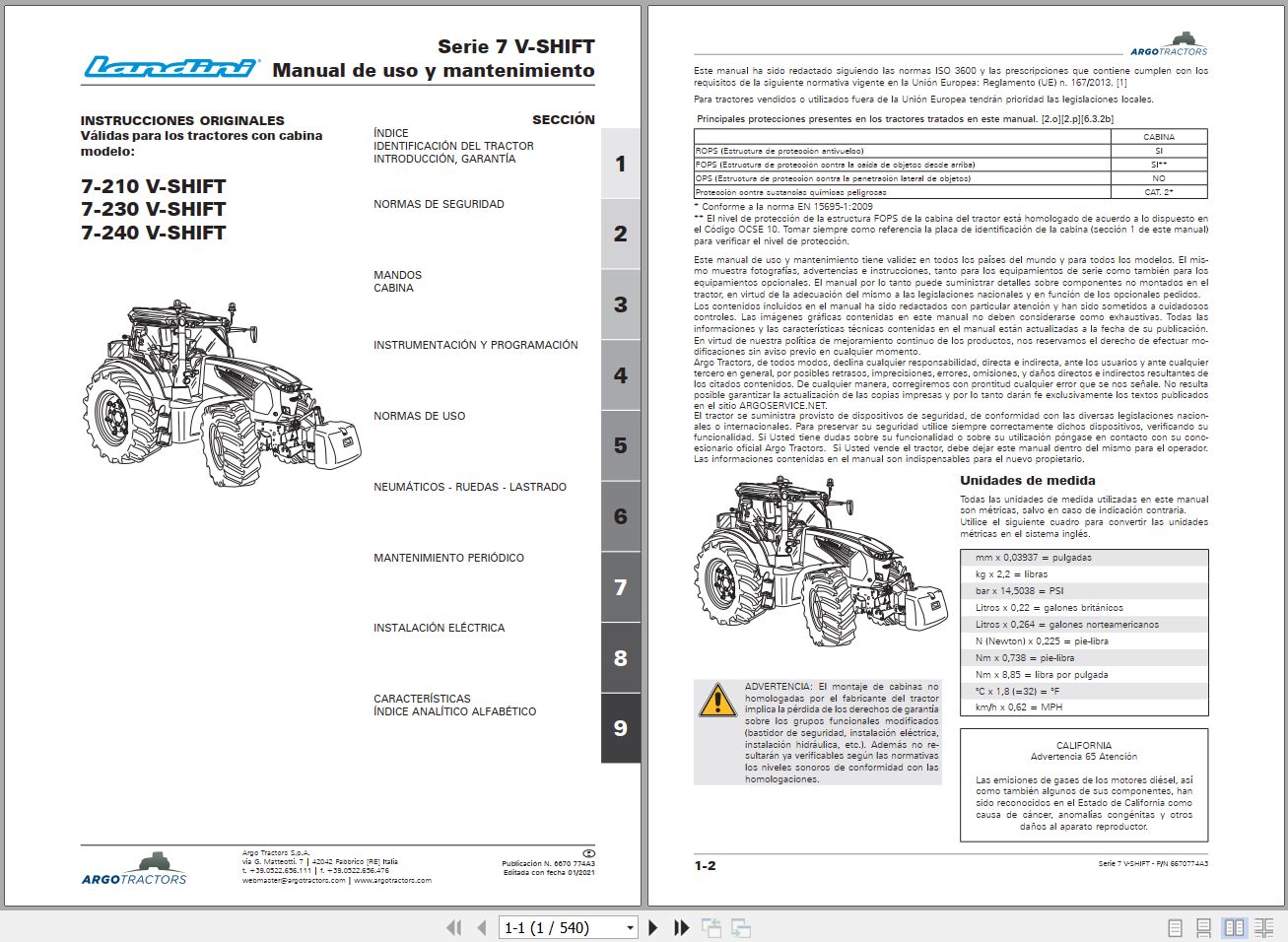 Landini Tractor 7 210 7 230 7 240 V SHIFT Operators Maintenance Manual 6670774A3 ES 1
