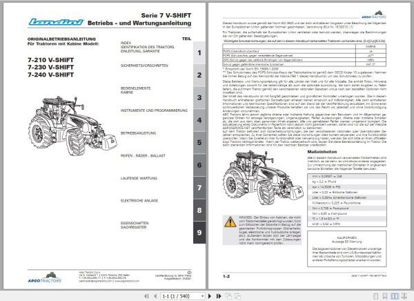 Landini Tractor 7 210 7 230 7 240 V SHIFT Operators Maintenance Manual 6670775A3 DE 1