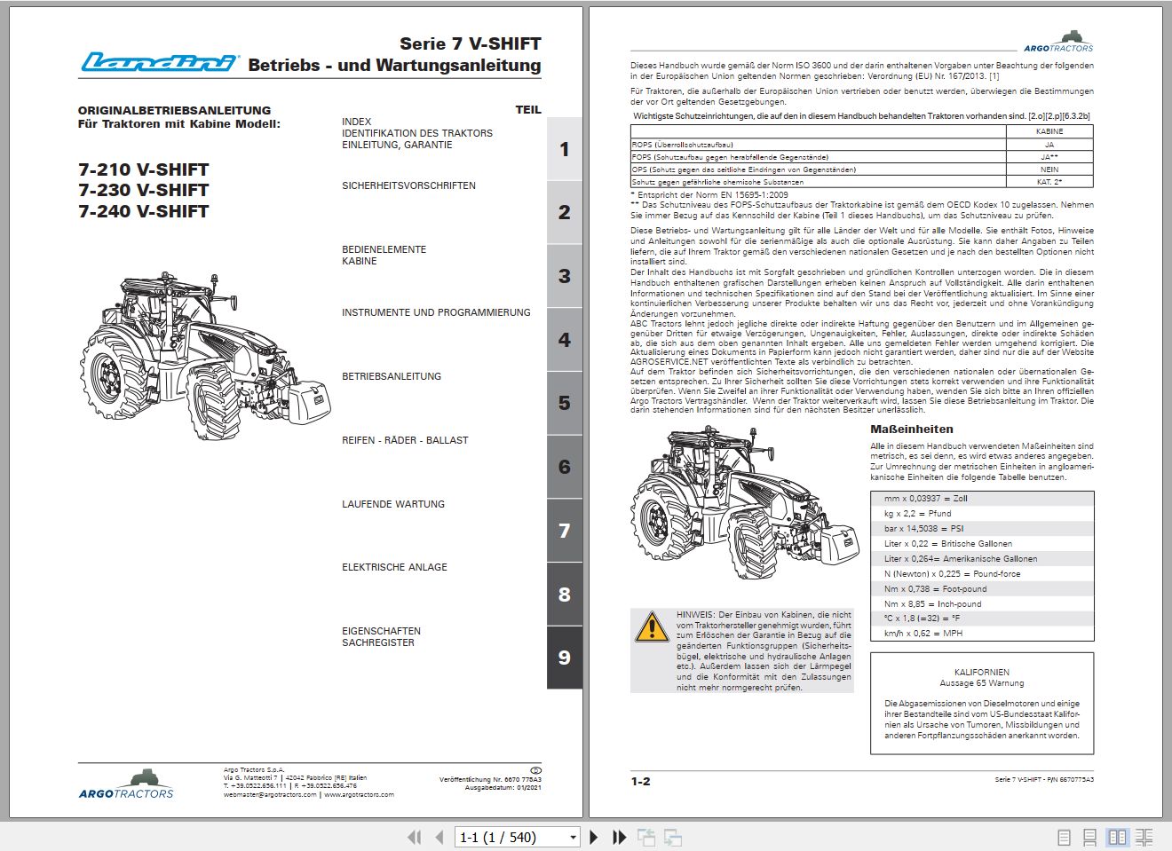 Landini Tractor 7 210 7 230 7 240 V SHIFT Operators Maintenance Manual 6670775A3 DE 1