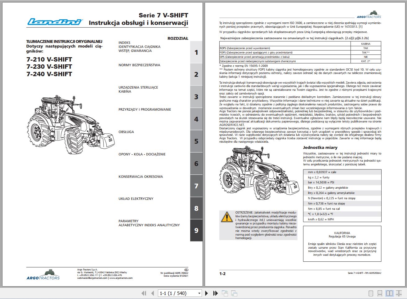 Landini Tractor 7 210 7 230 7 240 V SHIFT Operators Maintenance Manual 6695350A2 PL 1